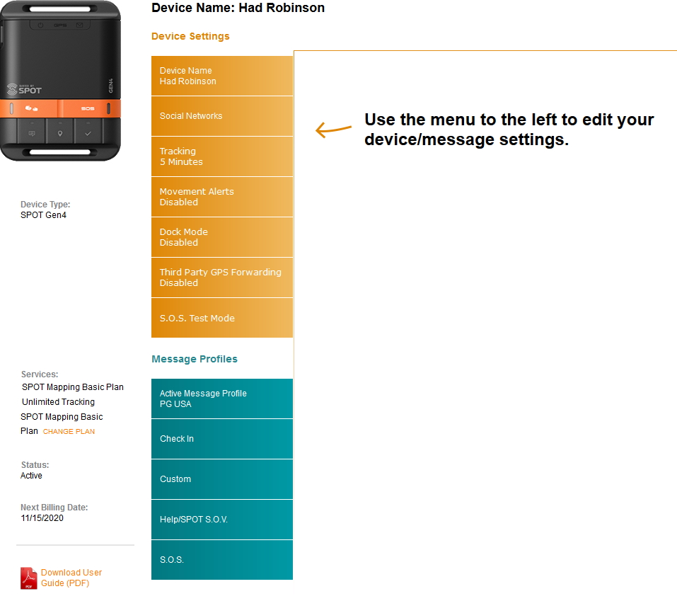 SPOT device page