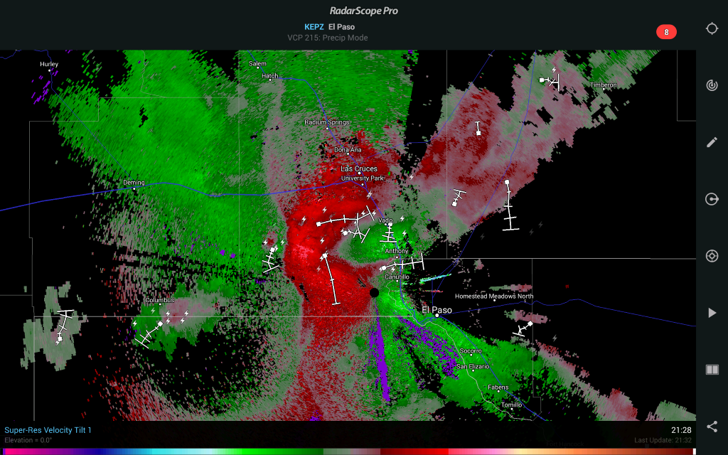 Radar Scope image of how storms can effect surface winds